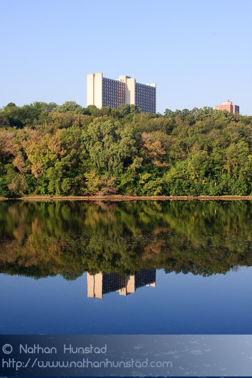Two buildings across the Mississippi River.
